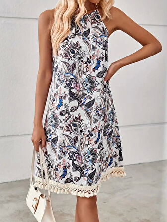 Kadın Halter Yaka Eteği Püsküllü Boyundan Bağlamalı çiçek Desen Süprem Elbise