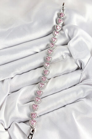 Pirinç Zirkon Taşlı Pembe Kalp Baget Model Gümüş Renk VIP Seri Kadın Bileklik