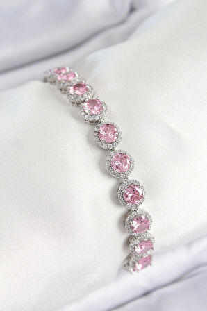 Pirinç Pembe Zirkon Taşlı Daire Baget Model Gümüş Renk VIP Seri Kadın Bileklik