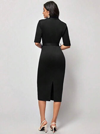 Kadın Kısa Kollu Yakalı Kruvaze Yakalı Beli Kemerli Midi Modal Elbise