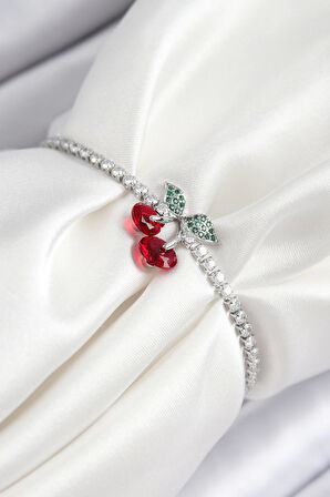 Pirinç Zirkon Taşlı Kiraz Model Gümüş Renk Asansörlü Kadın Bileklik