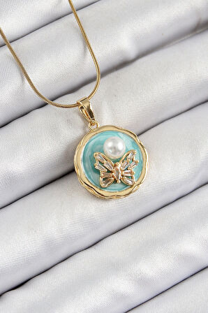 316L Çelik Zincir Zirkon Taşlı Turkuaz Sanatsal Portre İnci Detaylı Kelebek Model Gold Renk Kadın Kolye