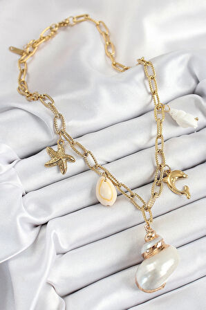 316L Çelik Gold Renk Deniz Kabuğu ve Yıldızı Konseptli Kadın Kolye