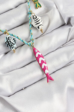 Seramik Motifli Pembe Balık Figürlü Model Mavi İp Kadın Kolye