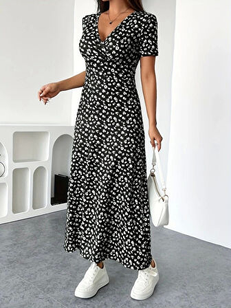 Kadın Kısa Kollu Kruvaze Yakalı çiçek Desenli Süprem Elbise