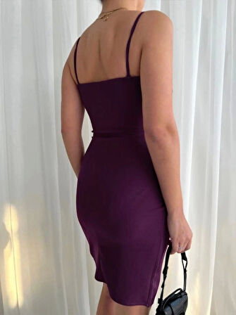 Kadın İp Askılı Yırtmaçlı Büzgülü Elbise