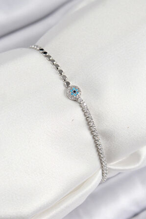 Pirinç Zirkon Taşlı Nazar Model Ezme Zincir Gümüş Renk Kadın Bileklik