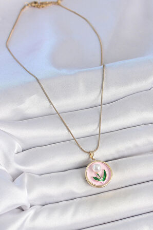 316L Çelik Gold Renk Zincir Pembe Mineli İncili Çiçek İşlemeli Portre Model Kadın Kolye