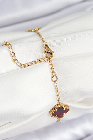 316L Çelik Sedefli Kırmızı Gold Renk Yonca Kadın Bileklik