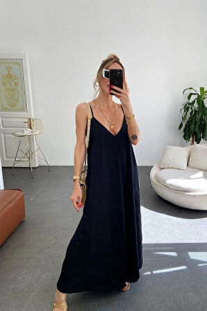 Kadın Ip Askılı V Yakalı Uzun Aerobin Elbise