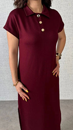 Kadın Kısa Kollu Yakalı Yandan Yırtmaçlı Viskon Iki Iplik Elbise