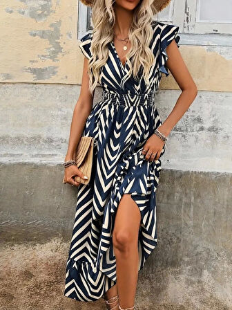 Kadın Kısa Kollu Kruvaze Yakalı Fırfırlı Süprem Elbise