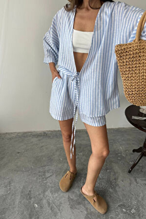 ÇİZGİLİ TUNİK -ŞORT TAKIM - Mavi