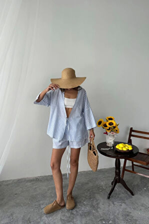 ÇİZGİLİ TUNİK -ŞORT TAKIM - Mavi