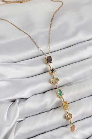 Pirinç Renkli Zirkon Taşlı Model Gold Renk Kadın Y Kolye