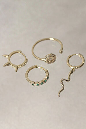 Yeşil Zirkon Taş Detaylı Yılan Model Küpe ve Yüzük Seti