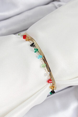 316L Çelik Gold Renk Kristal Karışık Renkli Taşlı 2'li Kadın Bileklik