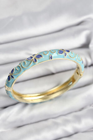 Mineli Pirinç Turkuaz Çiçek Motifli Gold Kadın Kelepçe