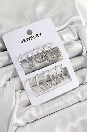 Pirinç Karışık Halka Model Gümüş Renk 6 Çift Kadın Küpe Set