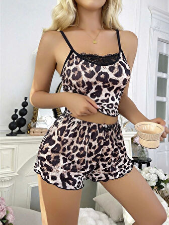 Leopar Desenli Şortlu Gecelik Pijama Takımı 5048