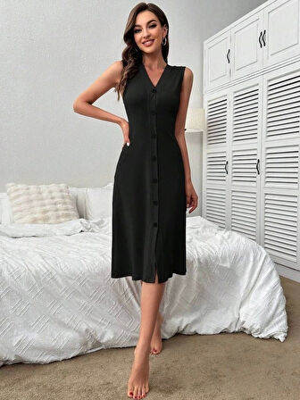 Kadın V Yakalı önden Düğmeli Kaşkorse Elbise