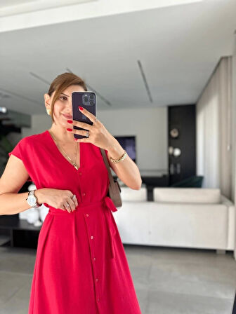 Kadınn V Yaka Düğme Detay Kuşak Dahil Elbise