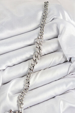 Pirinç Zirkon Taşlı Küba Zincir Model Gümüş Renk Kadın Bileklik