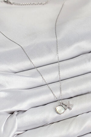 Pirinç Zirkon Taşlı İstiridye Ve Deniz Yıldızı Model Gümüş Renk Kadın Kolye