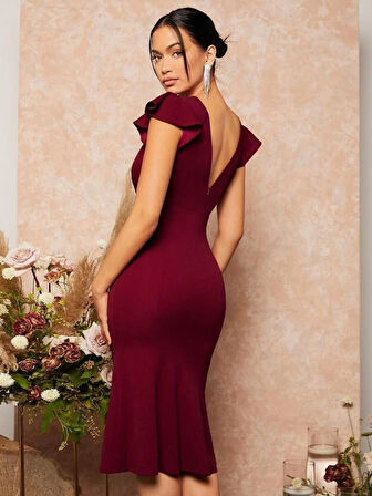 Kadın Kısa Kelebek Kollu Kruvaze Yaka Ithal Krep Midi Elbise