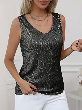 Pul Payetli Sıfır Kol Bluz -Siyah