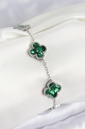 316L Çelik Sedefli Zümrüt Yeşil Gümüş Renk Yonca Kadın Bileklik