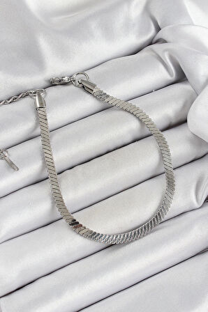 316L Çelik Gümüş Renk Yassı Zincir Model Kadın Bileklik