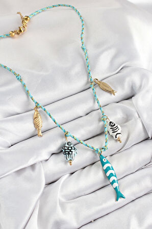 Seramik Motifli Balık Figürlü Model Mavi İp Kadın Kolye