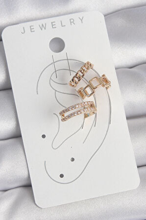 Pirinç Gold Renk Zirkon Taşlı Kare Zincir Model Kadın Kıkırdak Küpe