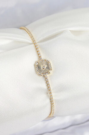 Pirinç Zirkon Taşlı Kare Model Gold Renk Kadın Bilekilk