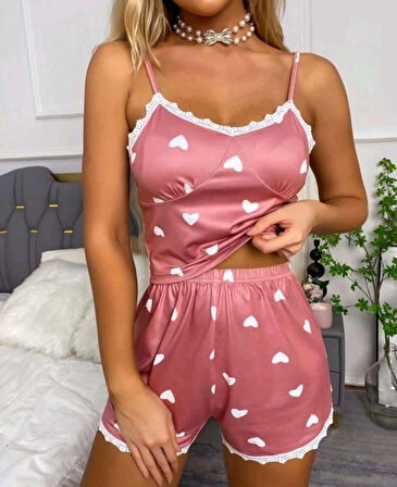 Kadın Pudra Kalp Desenli Seksi Gecelik Takım 5019