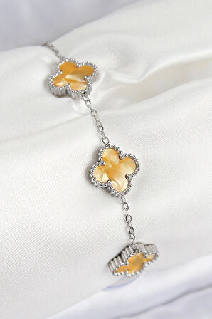 316L Çelik Sedefli Kehribar Sarı Gümüş Renk Yonca Kadın Bileklik