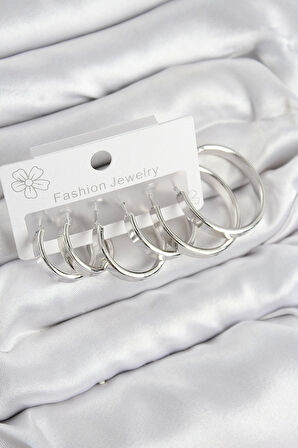 Pirinç Halka Model Gümüş Renk Kadın Set Küpe