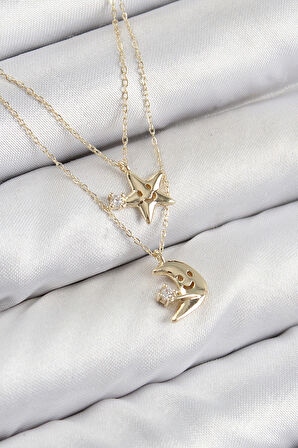 Pirinç Zirkon Taşlı Yıldız Ve Ay Model Gold Renk Kadın Kolye