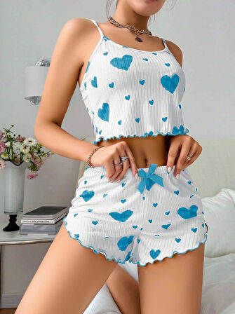 KadınBeyaz Mavi Kalp Desenli Askılı Şortlu Pijama Takım 5043