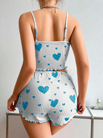 KadınBeyaz Mavi Kalp Desenli Askılı Şortlu Pijama Takım 5043