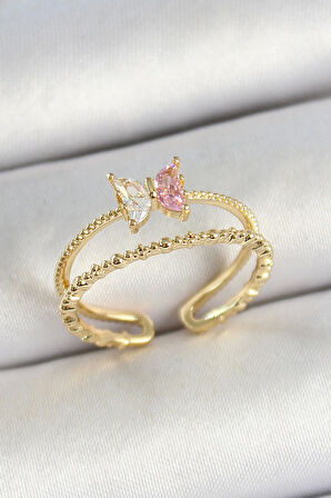 Pirinç Kelebek Figürlü Zirkon Taşlı Gold Renk Ayarlanabilir Kadın Yüzük