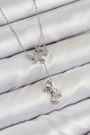 Pirinç Zirkon Taşlı Sallantılı Ayıcıklı Yıldız Model Gümüş Renk Kadın Kolye
