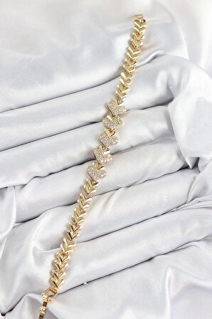 Pirinç Zirkon Taşlı Kalp Model Gold Renk Kadın Bileklik