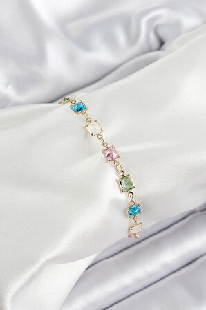 Pirinç Gold Renk Karışık Renk Kare Zirkon Taşlı Kadın Bileklik