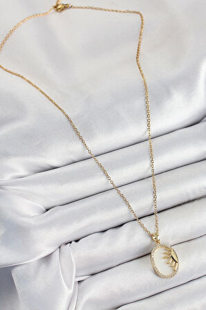 316L Çelik Zirkon Taşlı Yarım Güneş Model Gold Renk Kadın Kolye