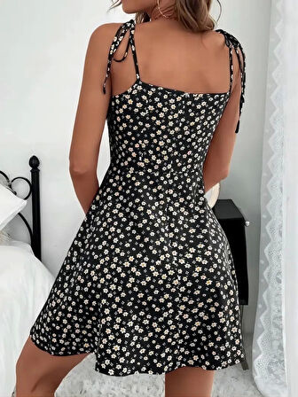 Kadın Ip Askılı Omuzlardan Bağcıklı çiçek Desenli Süprem Elbise