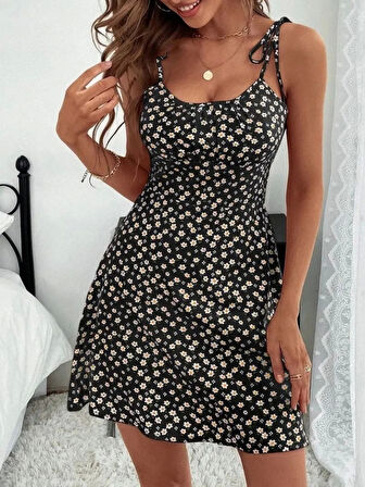 Kadın Ip Askılı Omuzlardan Bağcıklı çiçek Desenli Süprem Elbise