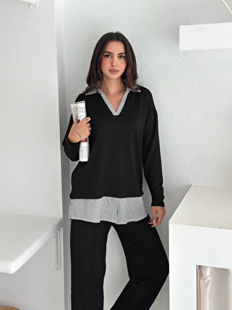 Polo Yaka Gömlek Detay Salaş Balon Pantolunlu ıkılı Takım