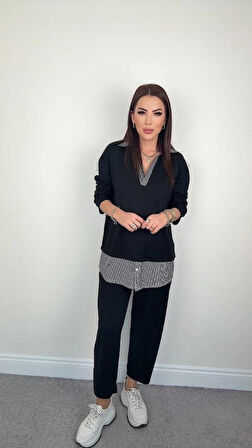 Polo Yaka Gömlek Detay Salaş Balon Pantolunlu ıkılı Takım